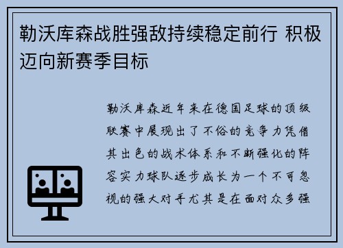 勒沃库森战胜强敌持续稳定前行 积极迈向新赛季目标
