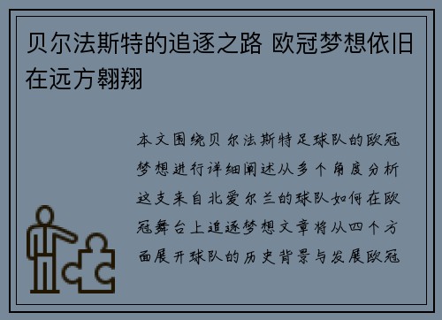 贝尔法斯特的追逐之路 欧冠梦想依旧在远方翱翔