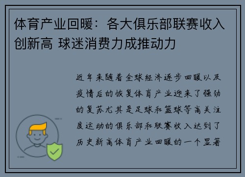 体育产业回暖：各大俱乐部联赛收入创新高 球迷消费力成推动力
