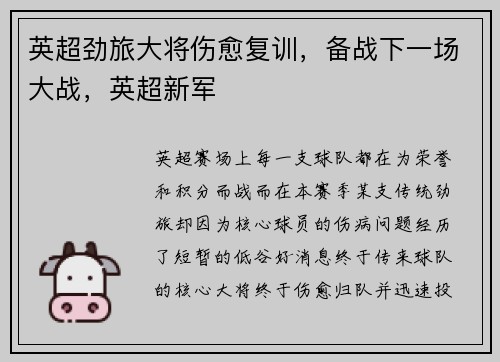 英超劲旅大将伤愈复训，备战下一场大战，英超新军